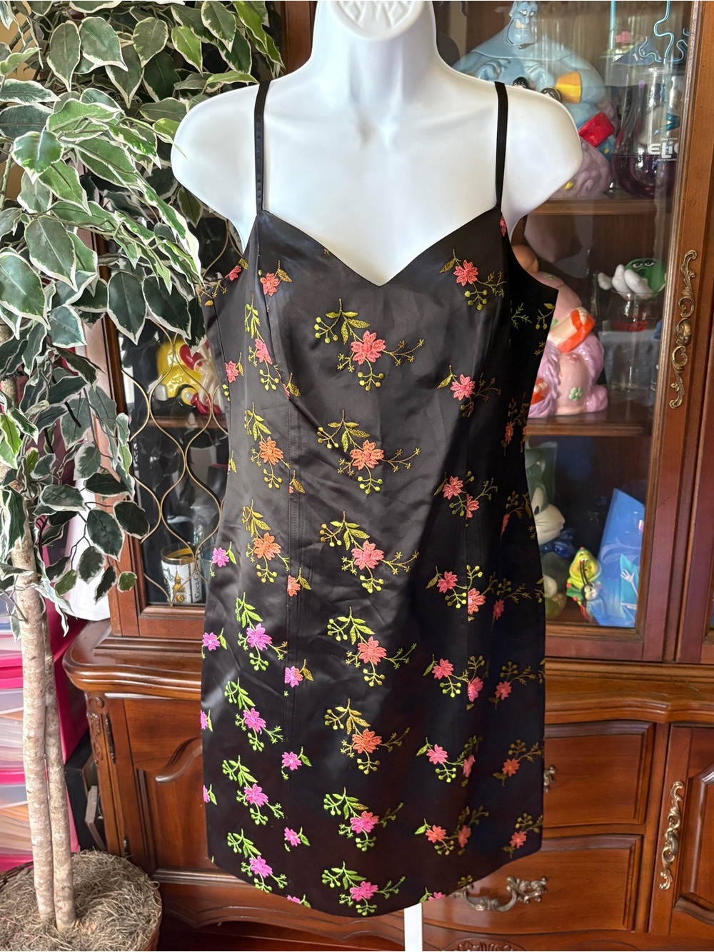Vintage Y2K 90s Betsey Johnson Silk Satin Black Embroidered Floral Mini Dress M